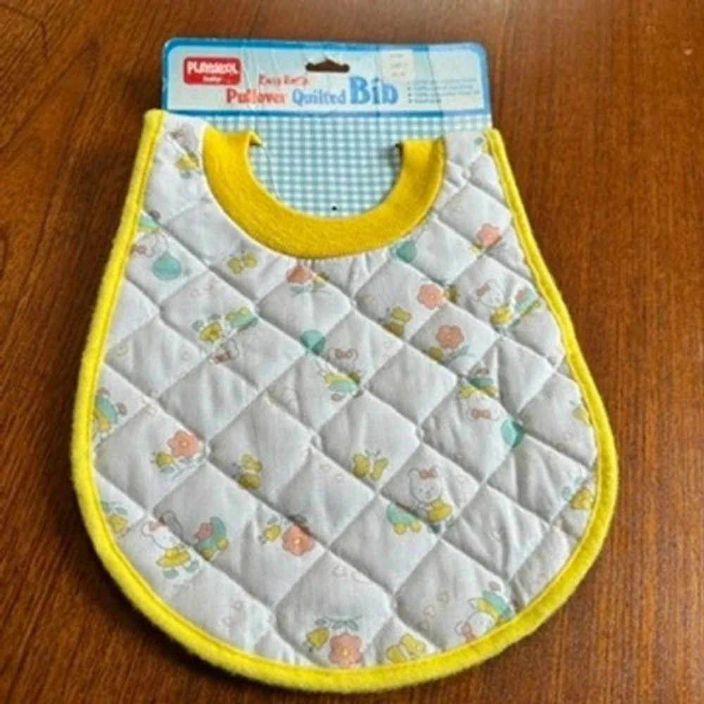 Playskool Baby Vintage 80s Pullover Quilted Bib Bear Pastel Yellow NEW OLD STOCK